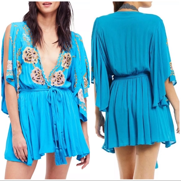 NWT Free people turquoise Cora embroidered dress - Picture 2 of 8